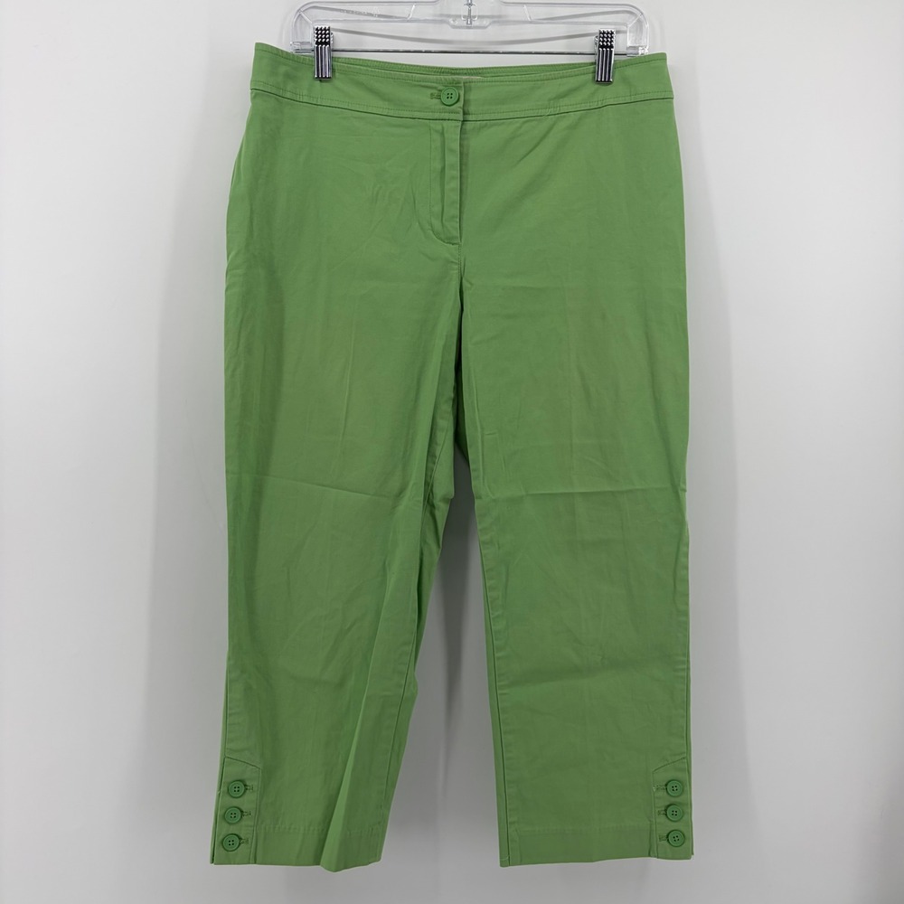 Talbots‎ Womens 8 Green Cropped Pants Button Hem Stretch Cotton Straight Leg